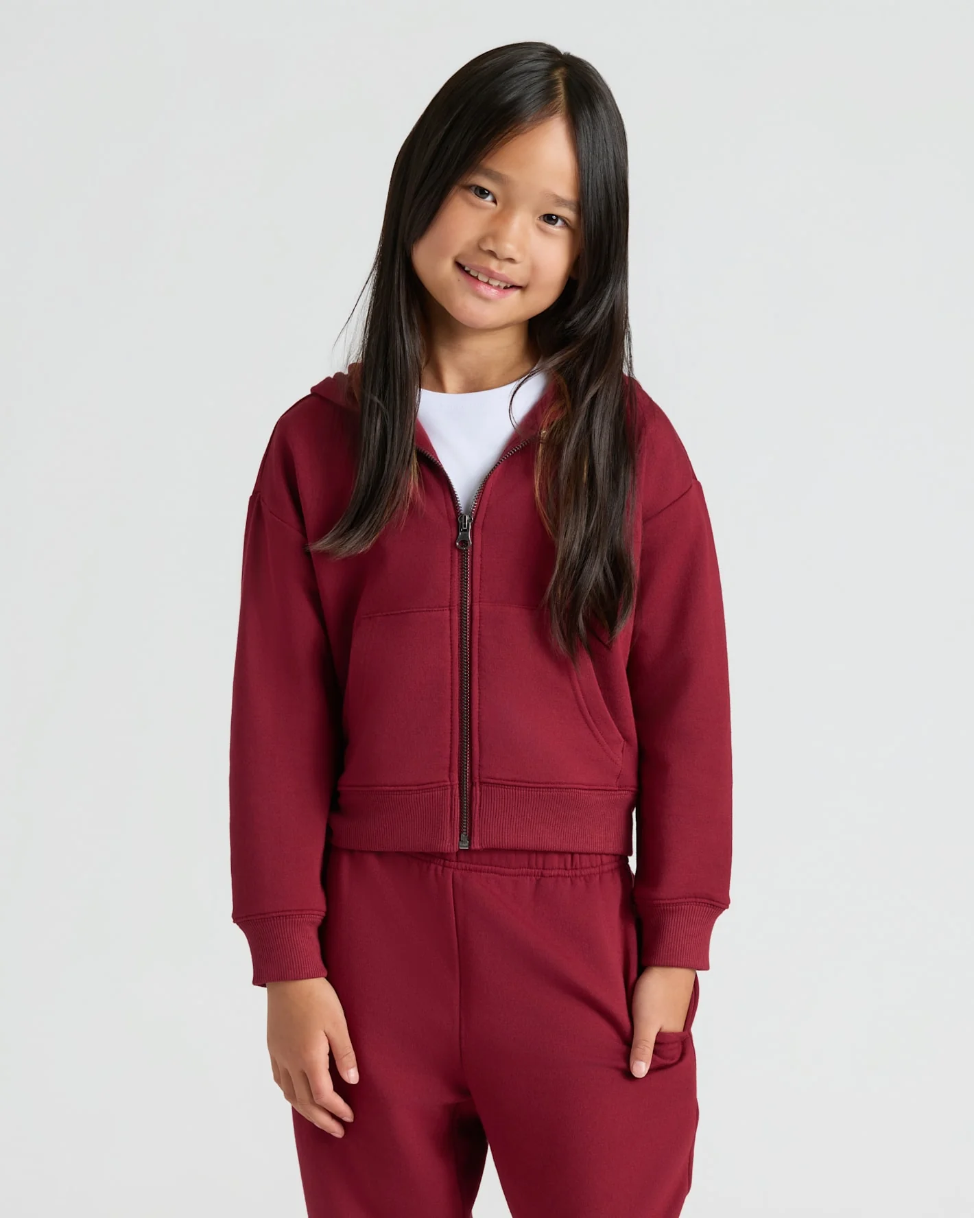 Girls Dark Maroon Cropped Zip Hoodie