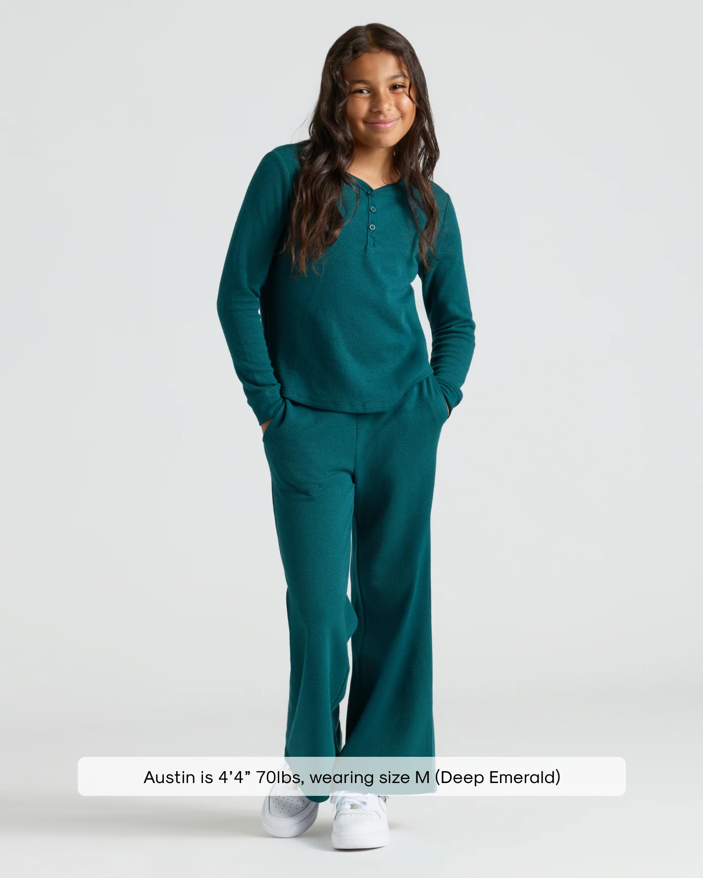 Girls Deep Emerald Long Sleeve Boxy Waffle Henley - Image 3