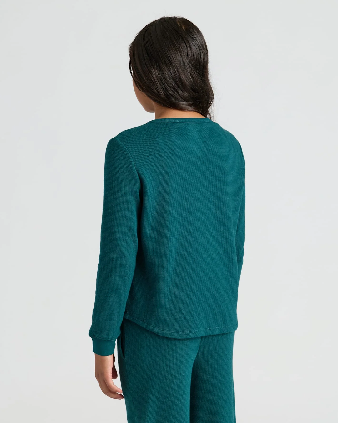 Girls Deep Emerald Waffle Long Sleeve Henley & Waffle Leg Pants 2-Pack - Image 4