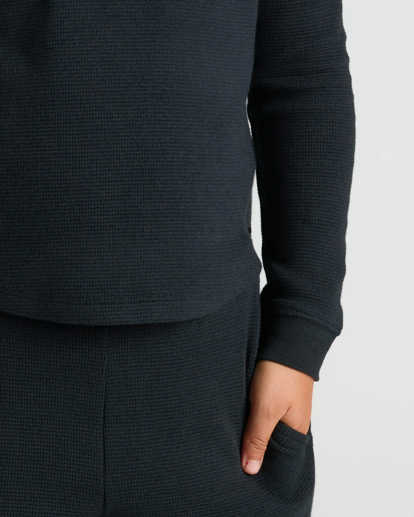 Girls Black Long Sleeve Boxy Waffle Henley - Image 7