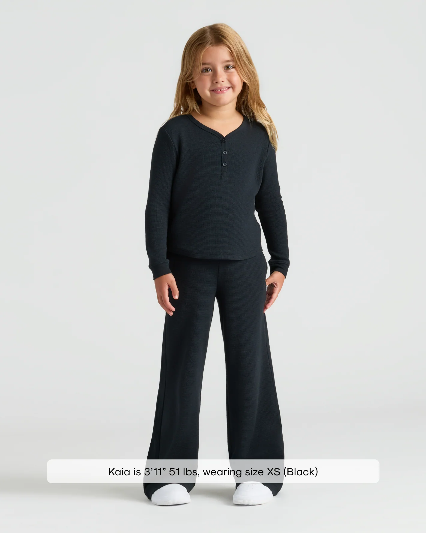 Girls Black Waffle Long Sleeve Henley & Waffle Leg Pants 2-Pack - Image 2
