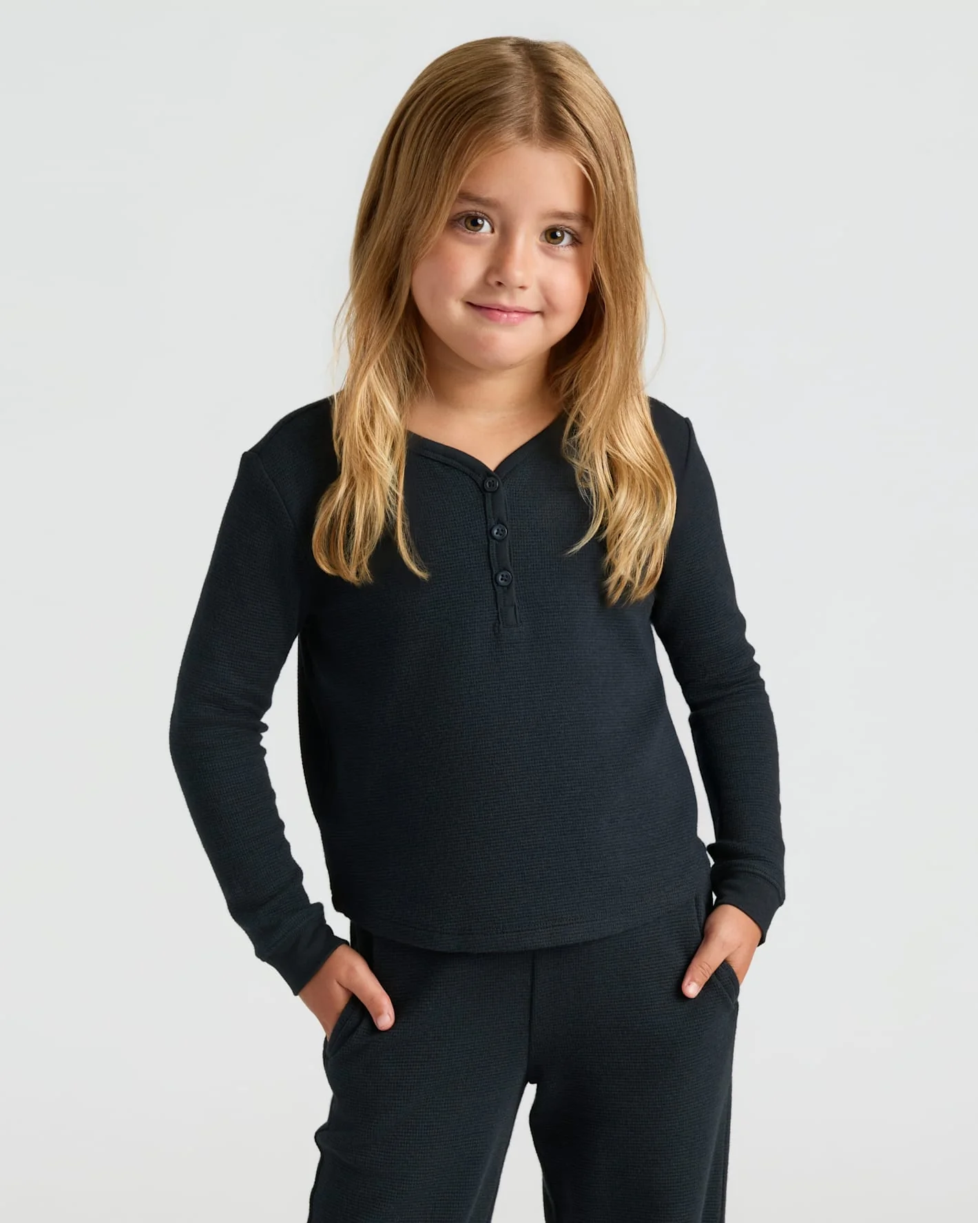 Girls Black Long Sleeve Boxy Waffle Henley - Image 6