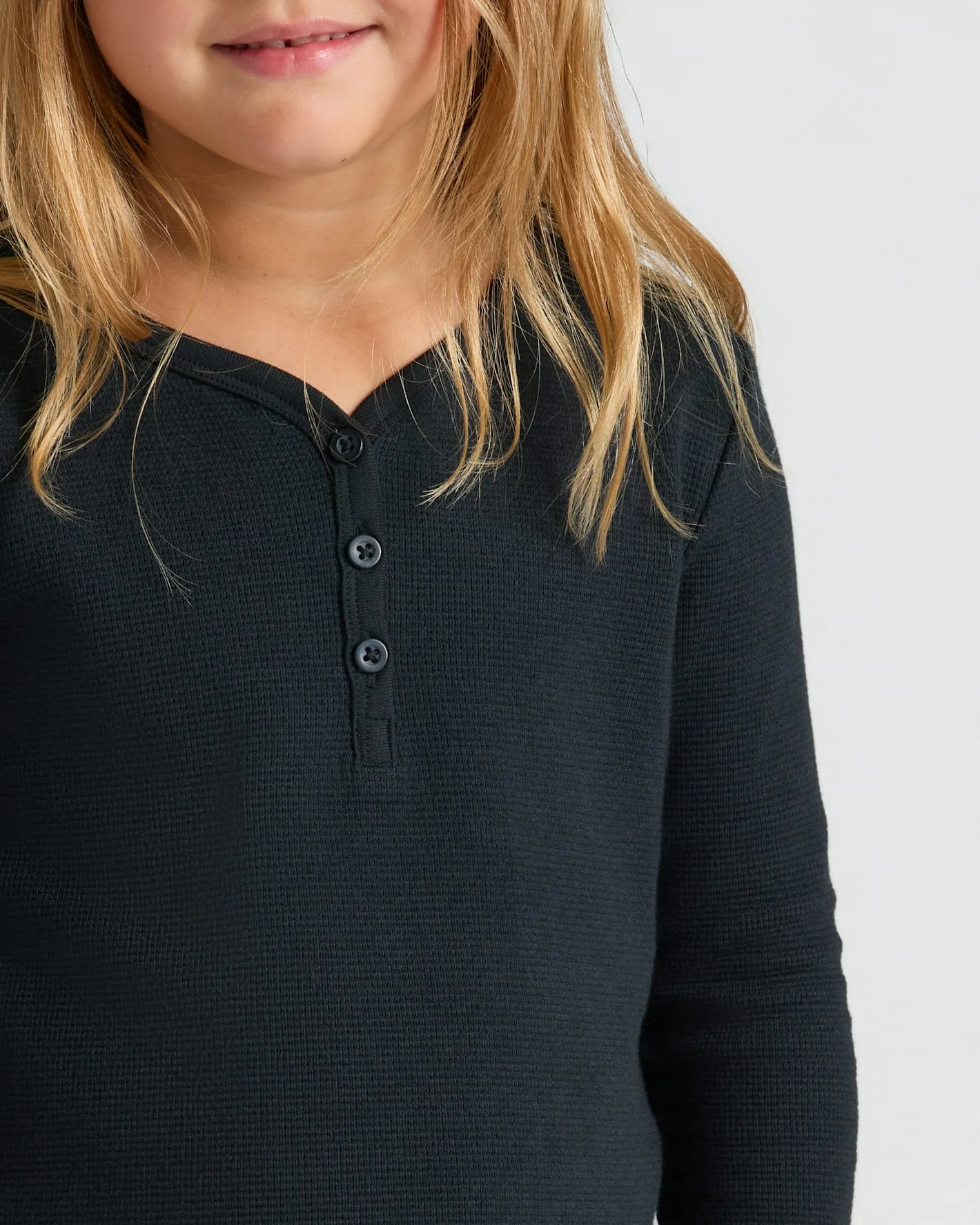 Girls Black Long Sleeve Boxy Waffle Henley - Image 5