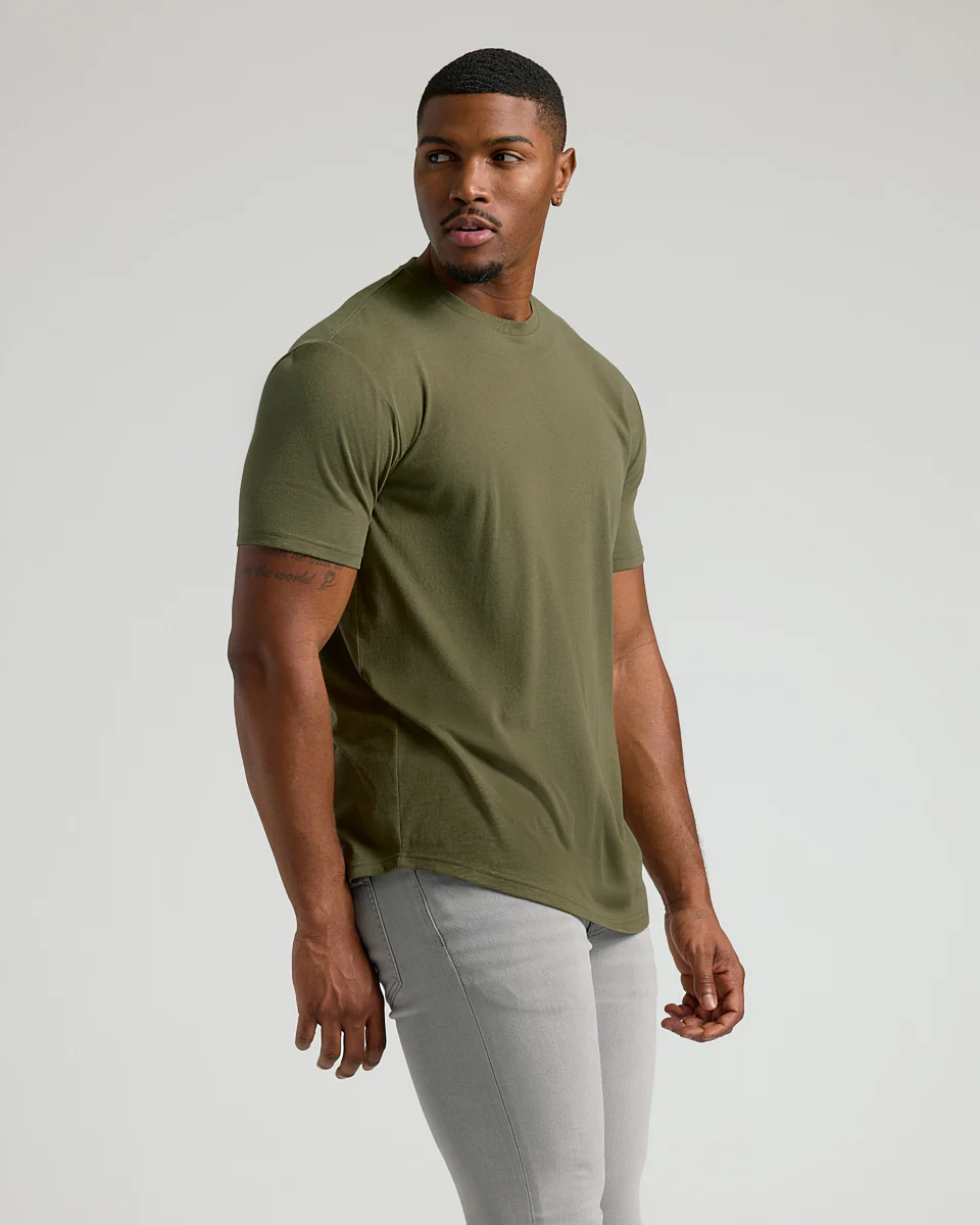 Military Green Short Sleeve Tall Curved Hem Crew - Image 4