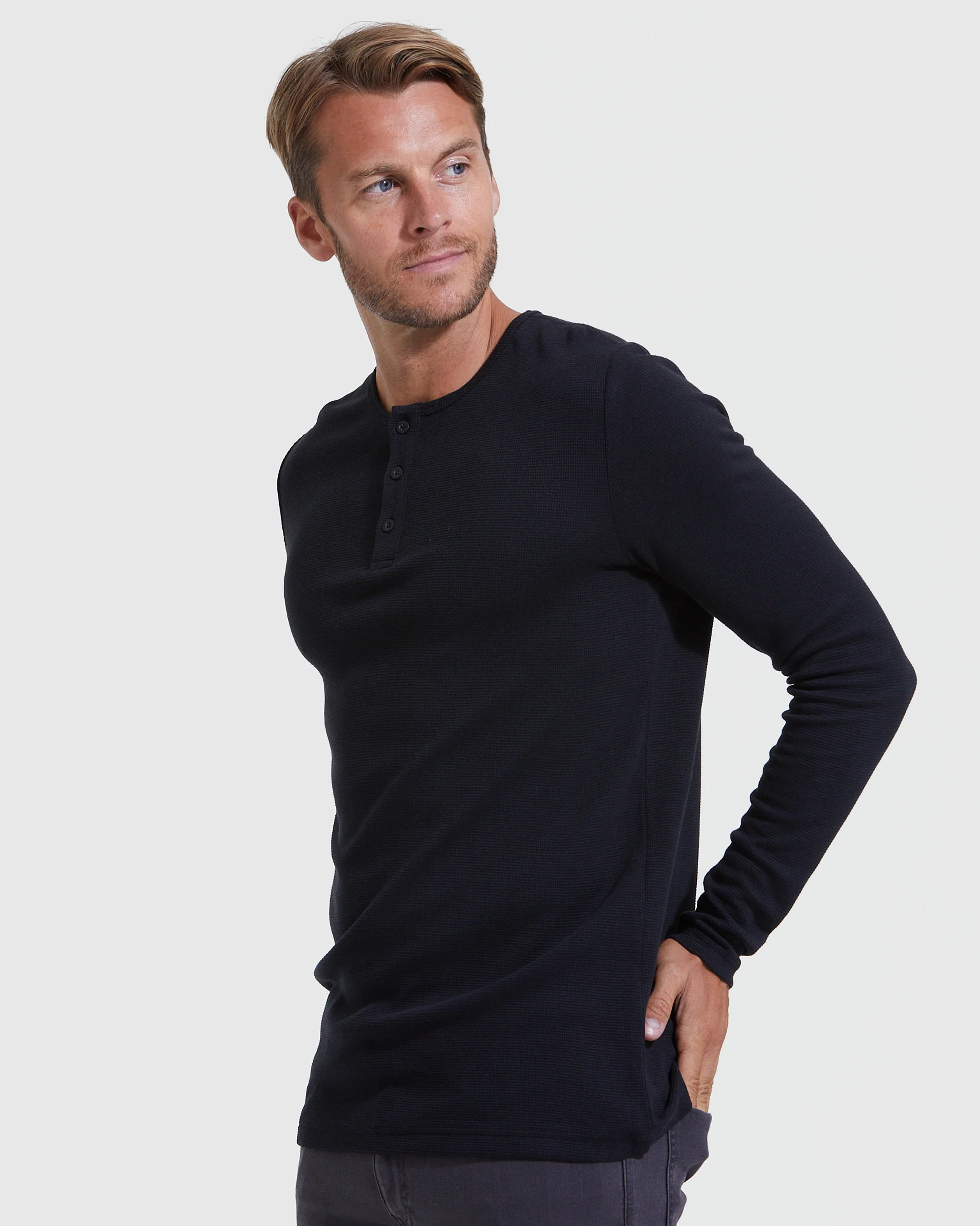 Black Waffle Long Sleeve Henley - Image 3