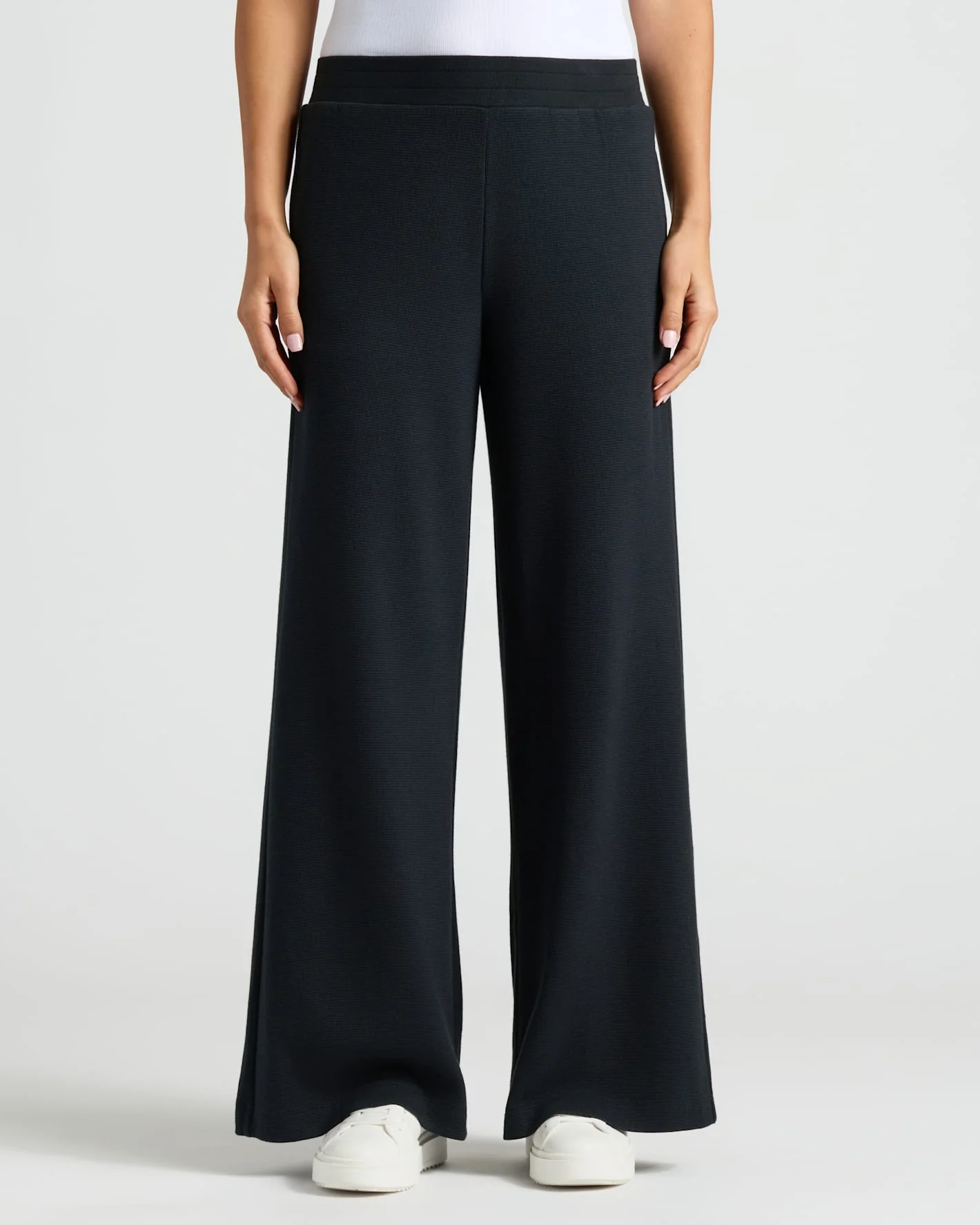 Womens Black Waffle Wide Leg Pants - Image 6