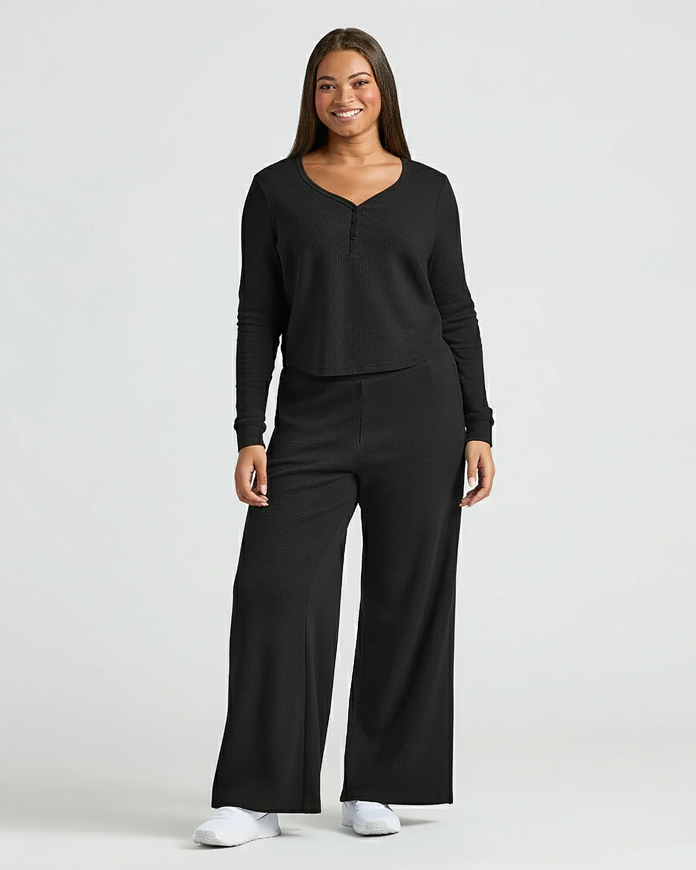 Womens Black Waffle Wide Leg Pants - Image 7