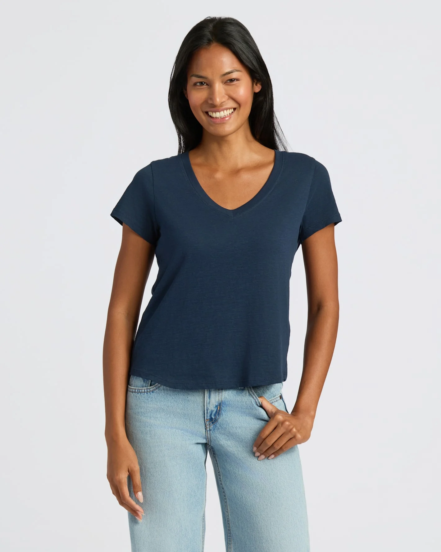 Womens Navy & White Relaxed Slub V-Neck Tee 2-Pack - Image 2