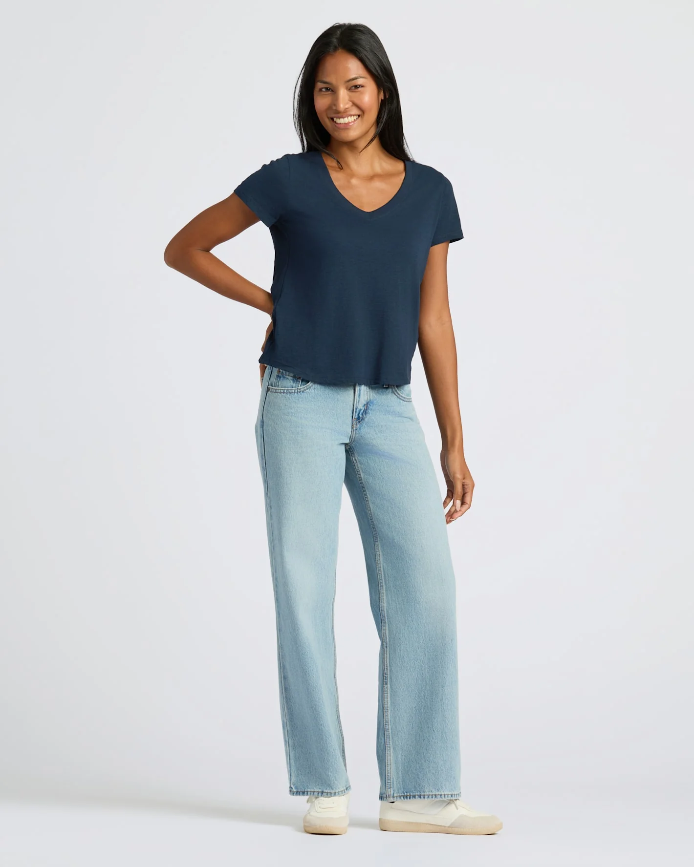 Womens Navy & White Relaxed Slub V-Neck Tee 2-Pack - Image 3
