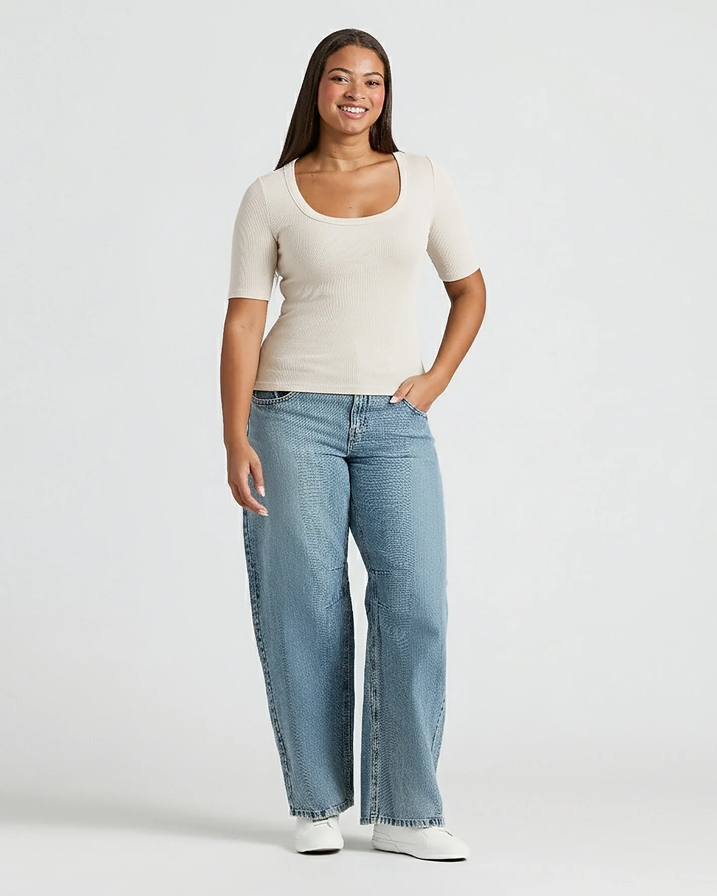 Womens Oatmeal Ribbed 3/4 Sleeve Scoop Neck Tee - Image 9