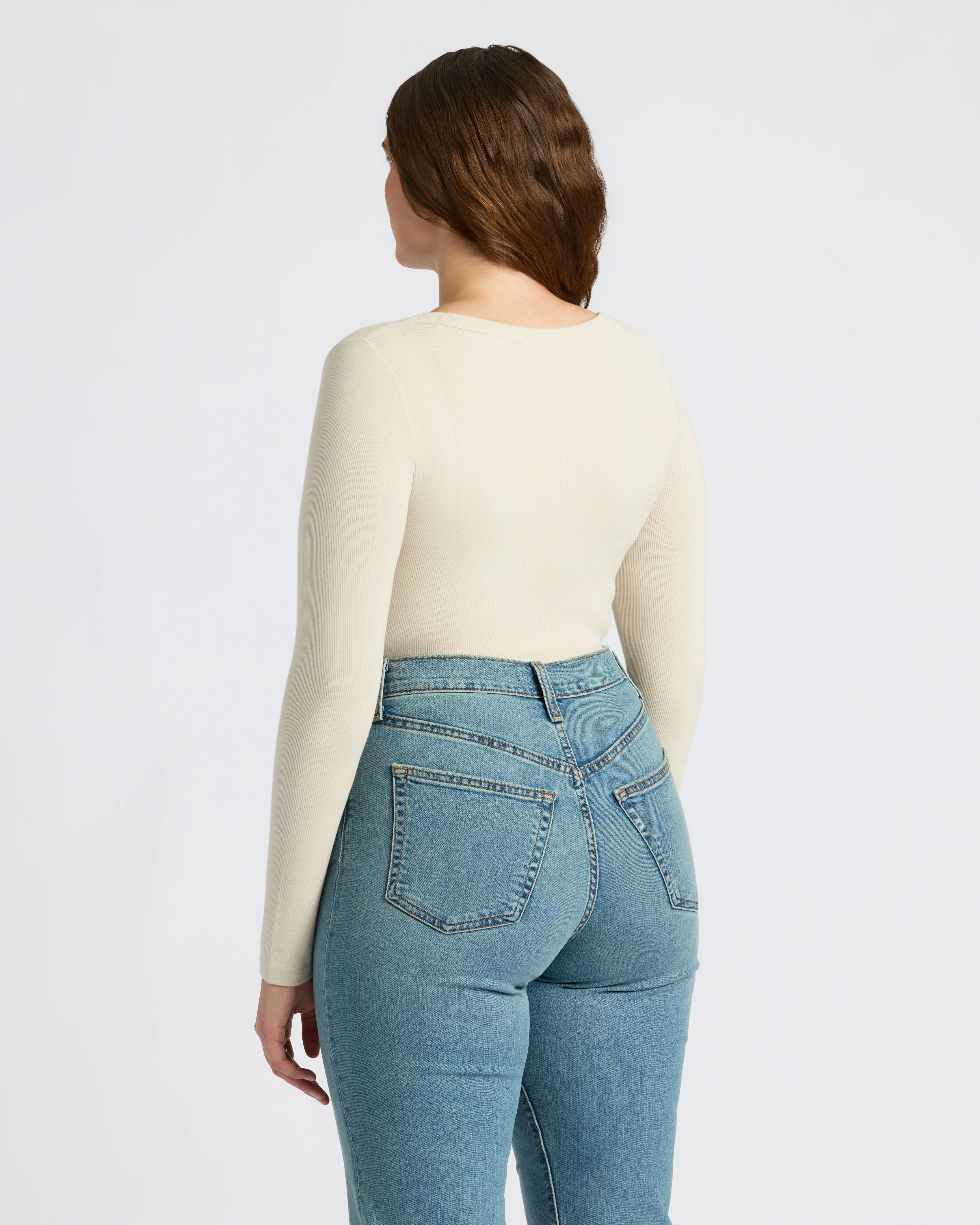 Womens Oatmeal Ribbed Long Sleeve Scoop Neck Tee - Image 8